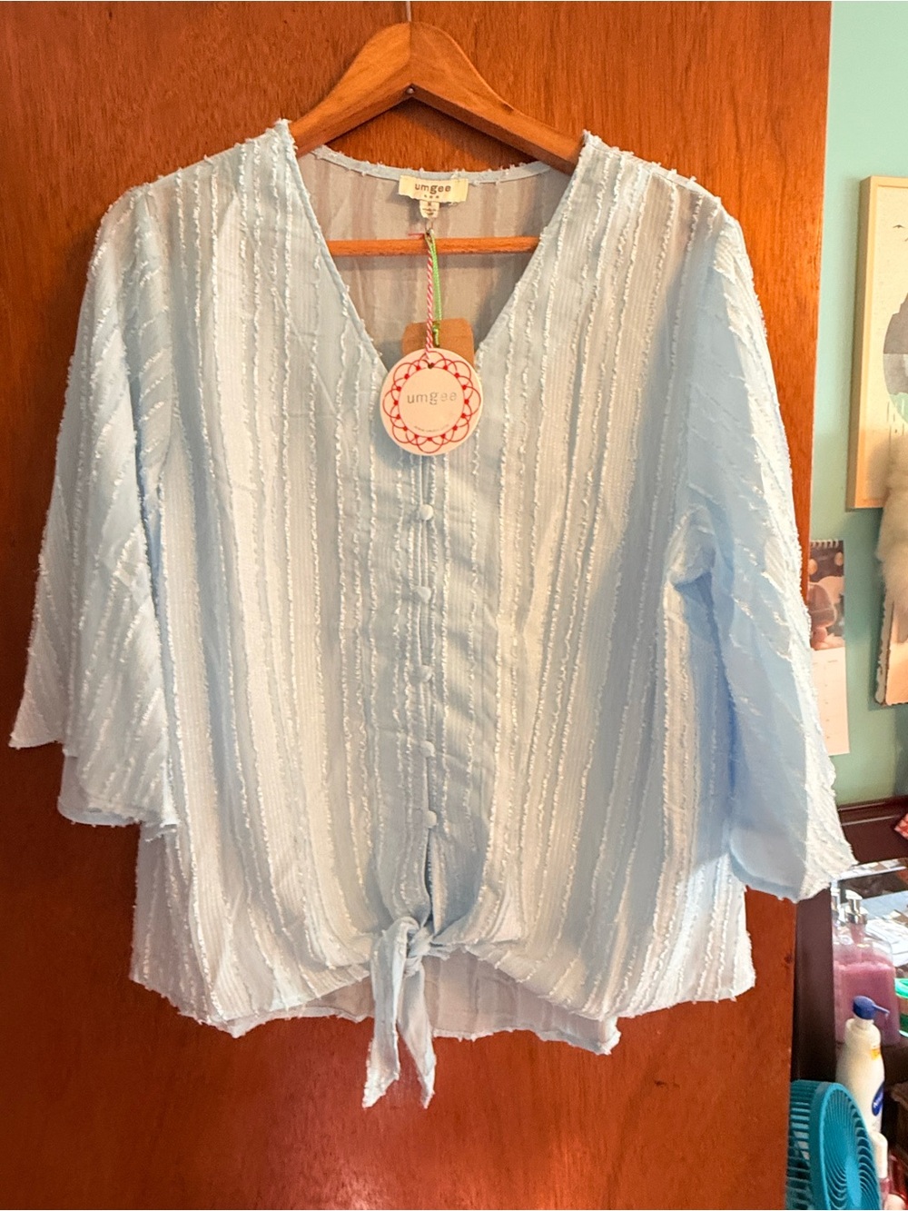 Umgee Pale Blue Textured V-Neck Tie-Front Blouse butterfly sleeves